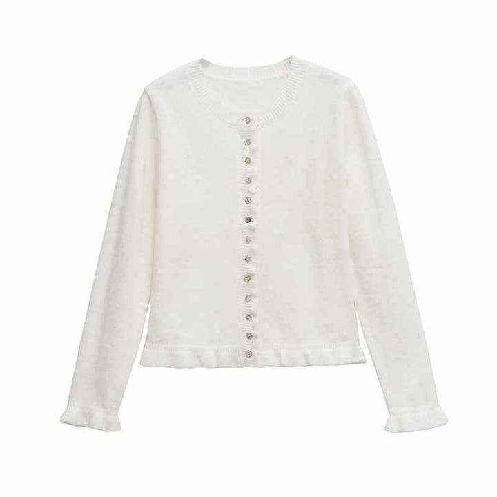 Damer bekväm stickad cardigan med dekorativa knappar och trendig volangdesign Mirla-Eva Jonsson