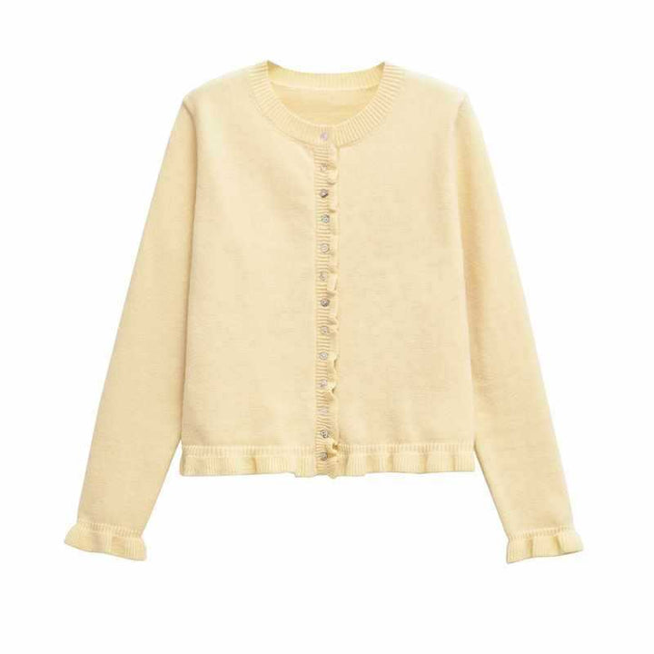 Damer bekväm stickad cardigan med dekorativa knappar och trendig volangdesign Mirla-Eva Jonsson