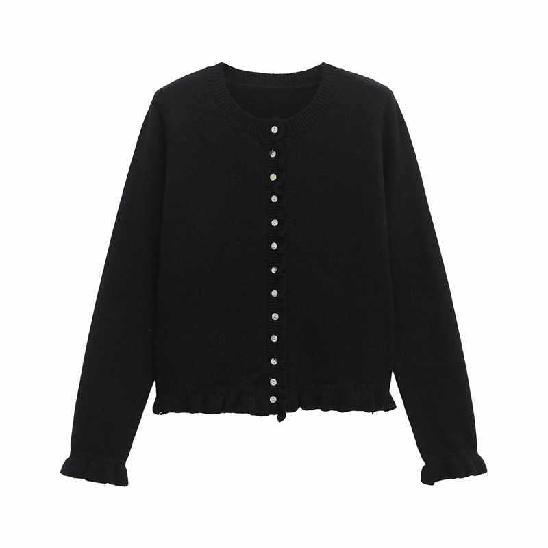 Damer bekväm stickad cardigan med dekorativa knappar och trendig volangdesign Mirla-Eva Jonsson