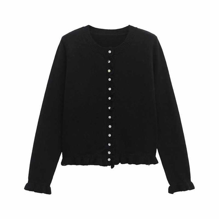 Damer bekväm stickad cardigan med dekorativa knappar och trendig volangdesign Mirla-Eva Jonsson