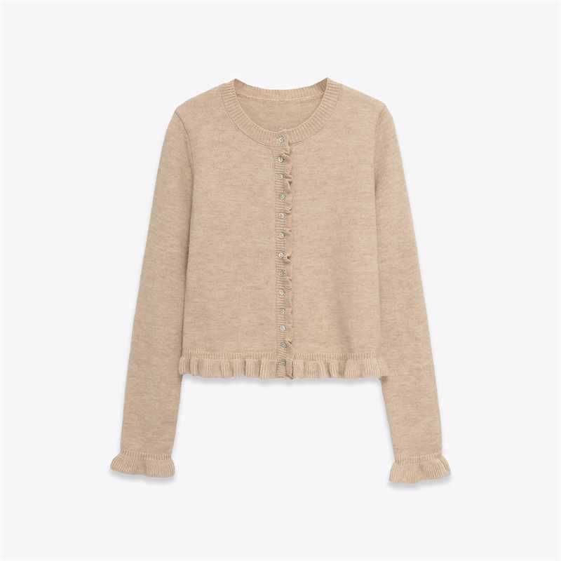 Damer bekväm stickad cardigan med dekorativa knappar och trendig volangdesign Mirla-Eva Jonsson