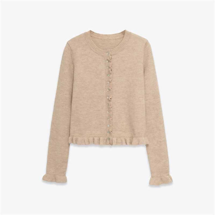 Damer bekväm stickad cardigan med dekorativa knappar och trendig volangdesign Mirla-Eva Jonsson