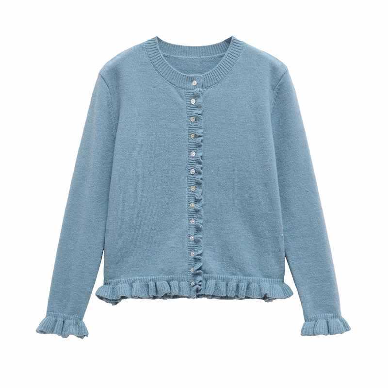 Damer bekväm stickad cardigan med dekorativa knappar och trendig volangdesign Mirla-Eva Jonsson