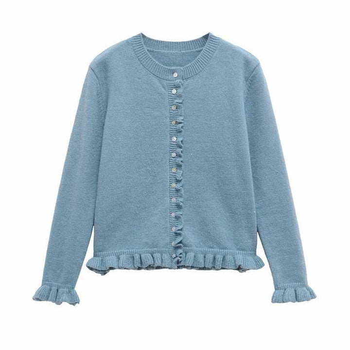 Damer bekväm stickad cardigan med dekorativa knappar och trendig volangdesign Mirla-Eva Jonsson
