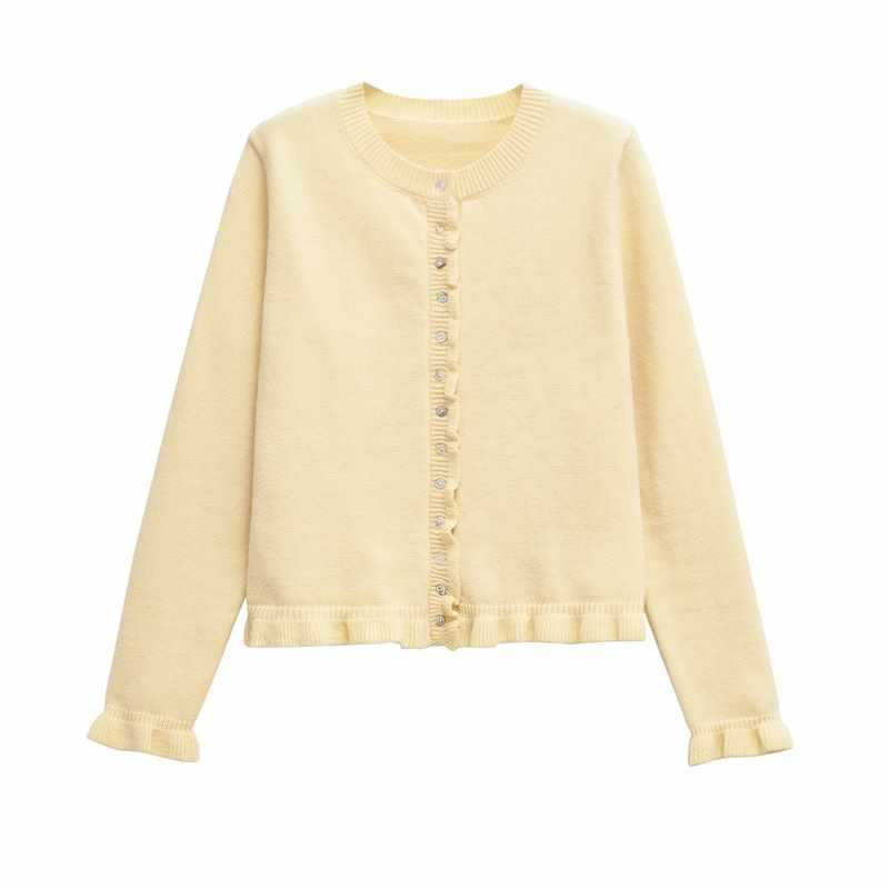 Damer bekväm stickad cardigan med dekorativa knappar och trendig volangdesign Mirla-Eva Jonsson