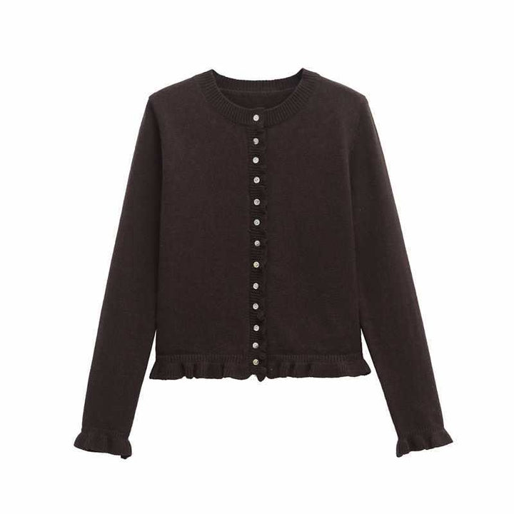 Damer bekväm stickad cardigan med dekorativa knappar och trendig volangdesign Mirla-Eva Jonsson