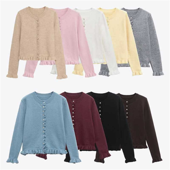 Damer bekväm stickad cardigan med dekorativa knappar och trendig volangdesign Mirla-Eva Jonsson
