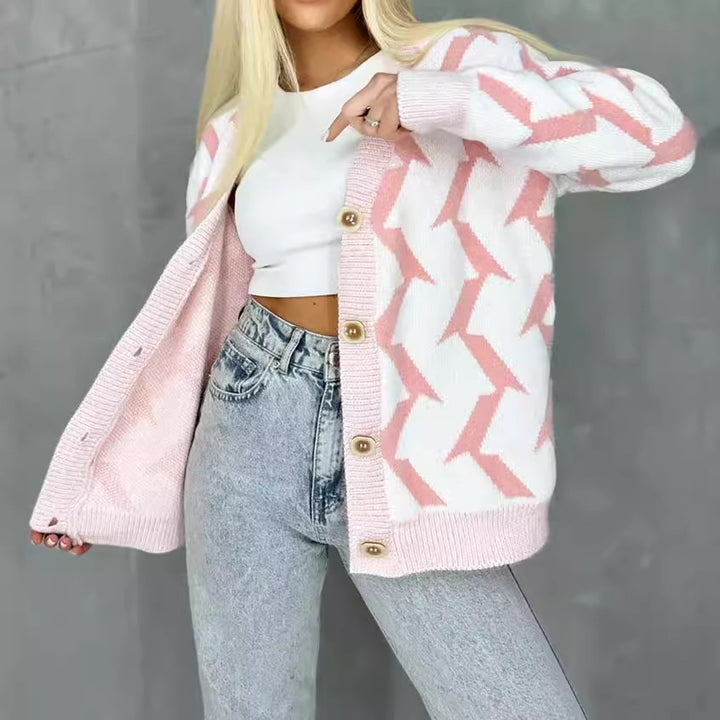 Damer bekväm stickad cardigan med modern blixtdesign och knäppning Mirla-Eva Jonsson