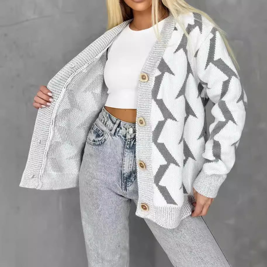 Damer bekväm stickad cardigan med modern blixtdesign och knäppning Mirla-Eva Jonsson