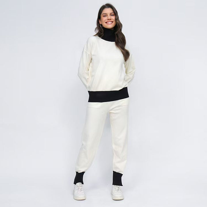 Damer bekväm stickad loungewear-set med hög krage och elastiska muddar Mirla-Eva Jonsson