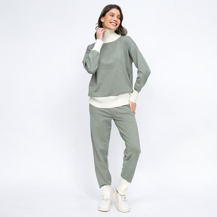 Damer bekväm stickad loungewear-set med hög krage och elastiska muddar Mirla-Eva Jonsson