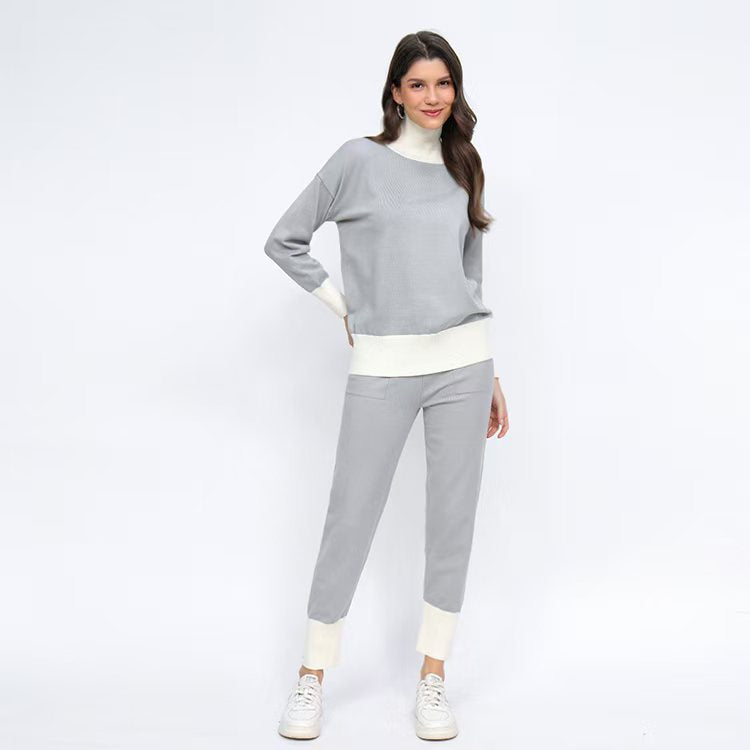 Damer bekväm stickad loungewear-set med hög krage och elastiska muddar Mirla-Eva Jonsson