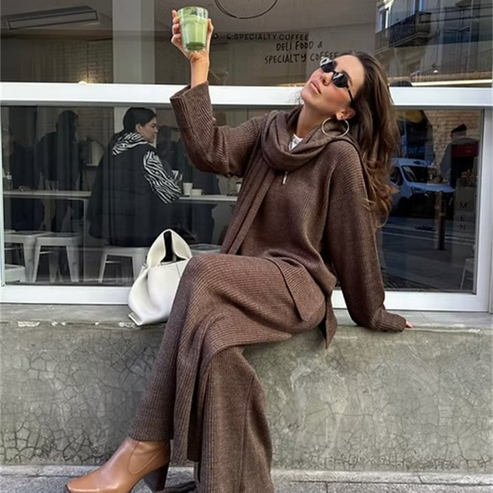 Damer bekväm stickad loungewear-set med huva och vid ben Mirla-Eva Jonsson