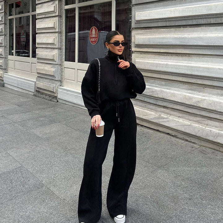 Damer bekväma fleece-athleisure-set med ståkrage och dragkedja Mirla-Eva Jonsson