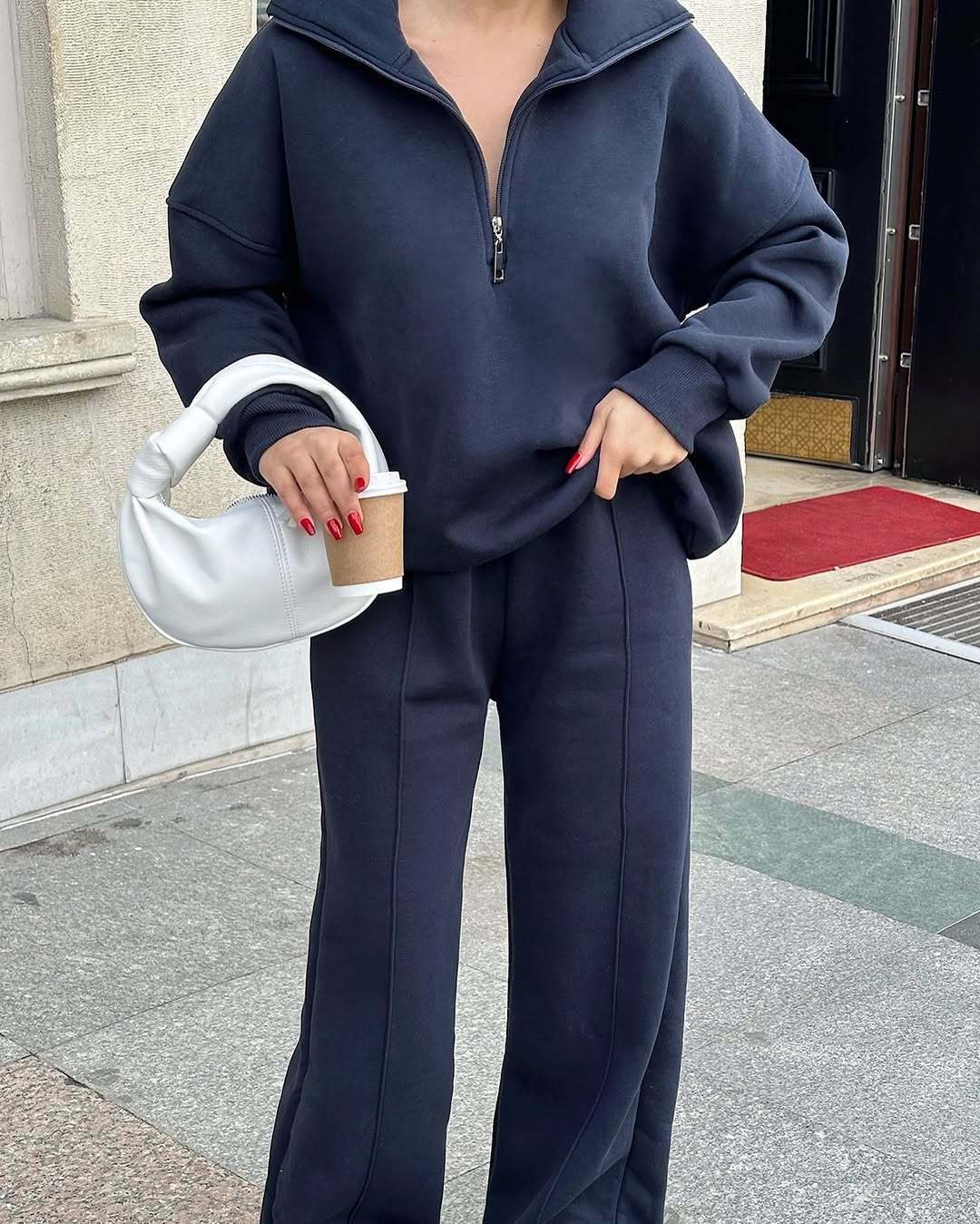Damer bekväma fleece-athleisure-set med ståkrage och dragkedja Mirla-Eva Jonsson