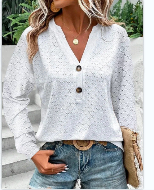Damer blus med V-hals och knapdesign Mirla-Eva Jonsson