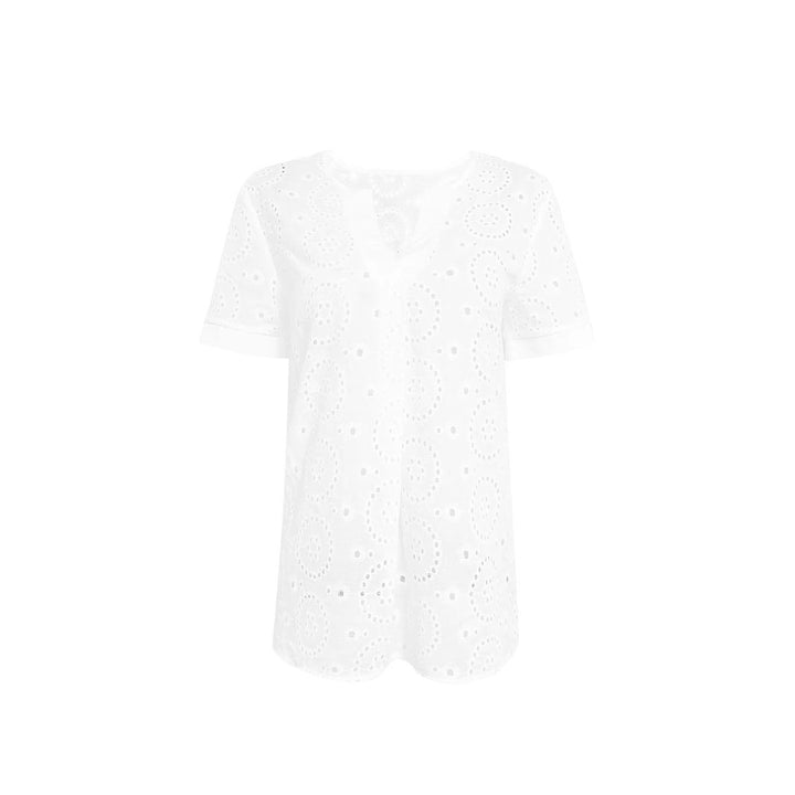 Damer blus med blommiga hålbroderier och V-ringning Mirla-Eva Jonsson