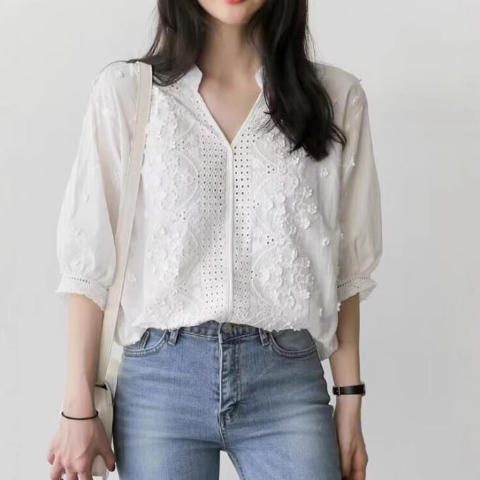 Damer blus med broderad detalj och knapplist Eva Jonsson-Eva Jonsson
