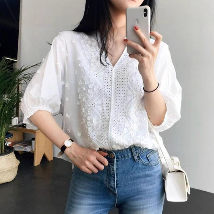 Damer blus med broderad detalj och knapplist Eva Jonsson-Eva Jonsson