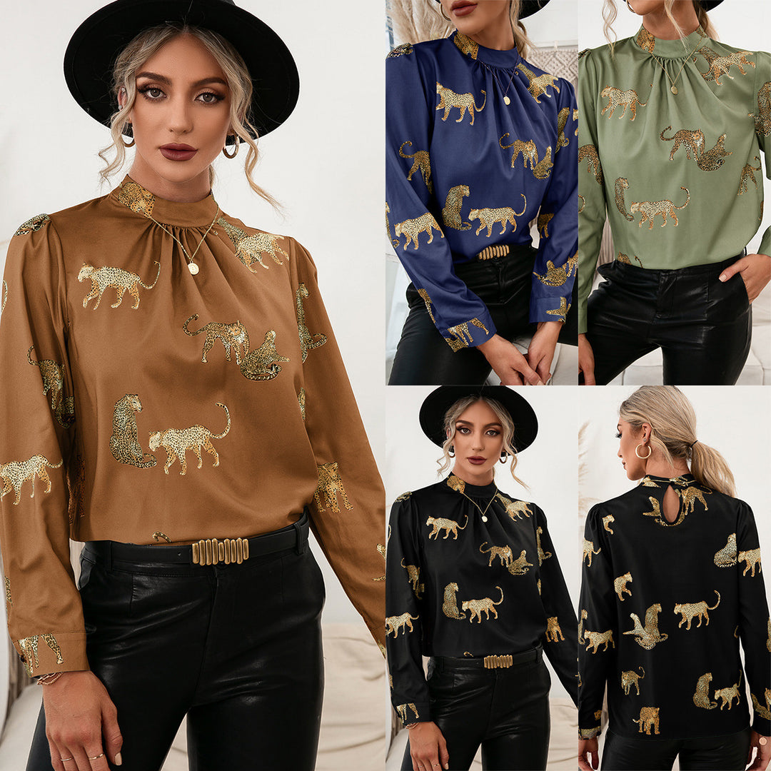 Damer blus med glamorös djurtryck och elegant ståkragsform Eva Jonsson-Eva Jonsson