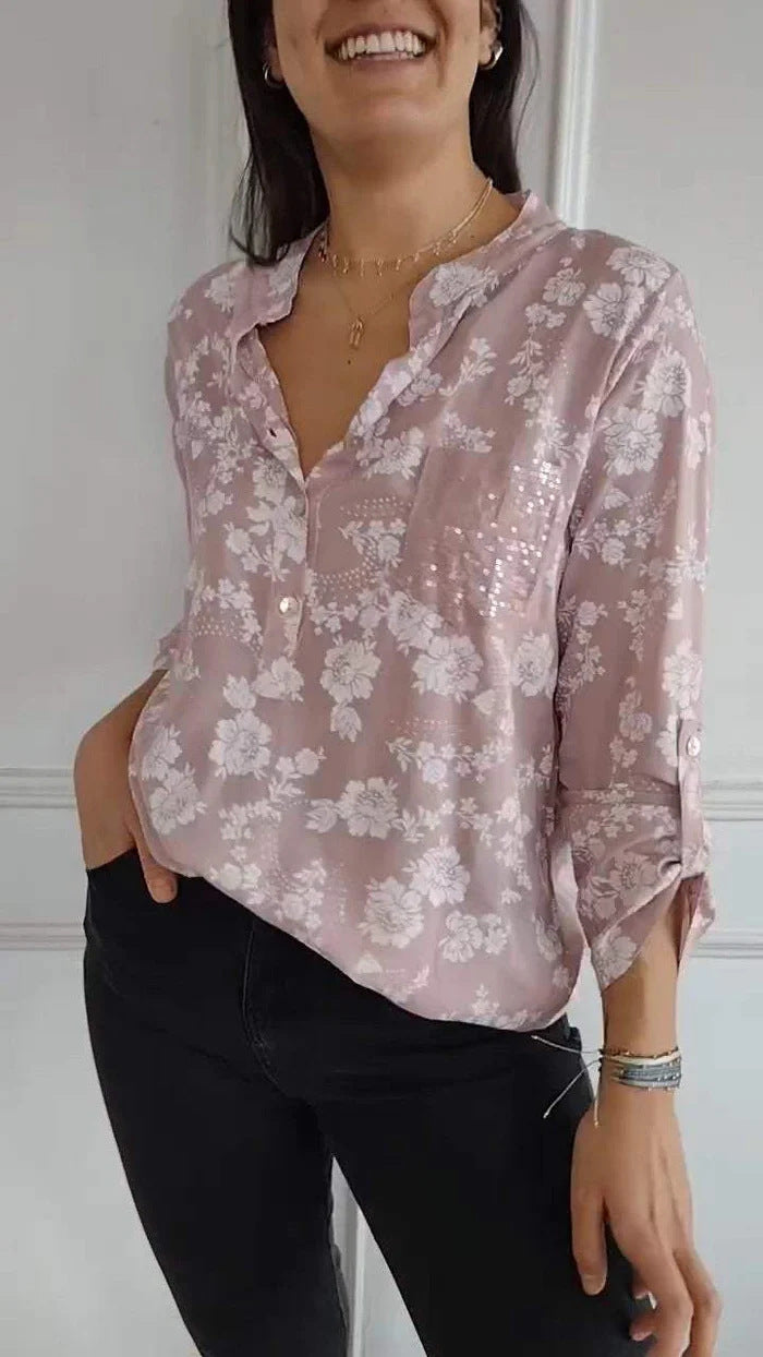 Damer blus skjorta med blommigt mönster och glittrande detalj Mirla-Eva Jonsson