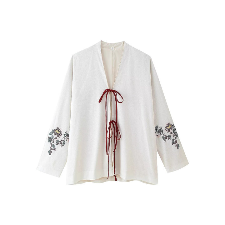 Damer blusenshirt med florala broderade detaljer och knytband Mirla-Eva Jonsson