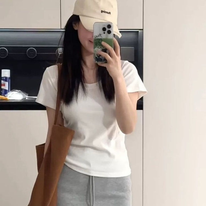 Damer bomull U-urringning kortärmad T-shirt vit-Eva Jonsson