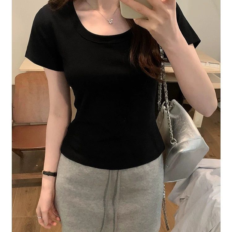 Damer bomull U-urringning kortärmad T-shirt vit-Eva Jonsson