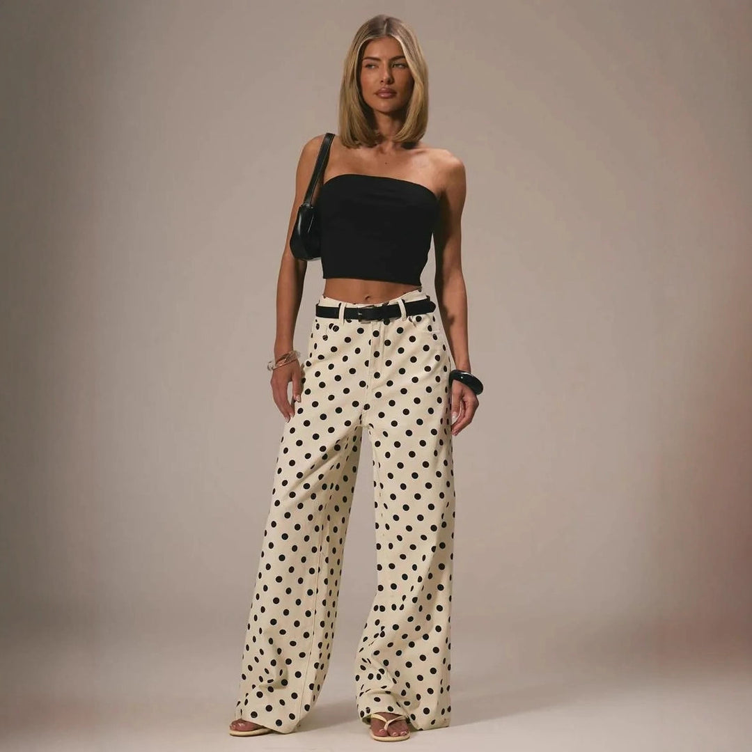 Damer breda Polka-Dot Palazzo-byxor med hög midja skärning Mirla-Eva Jonsson