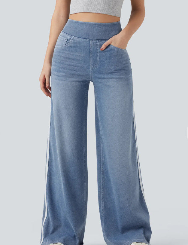 Damer breda denimbyxor med sidostrand och hög midja Mirla-Eva Jonsson