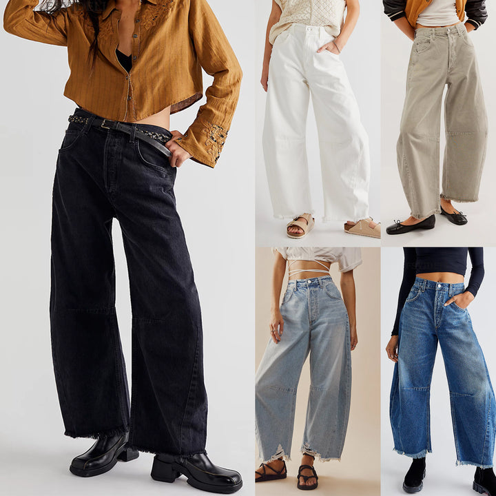 Damer breda jeans i avslappnad skärning med fransade nederkanter och hög midja Eva Jonsson-Eva Jonsson