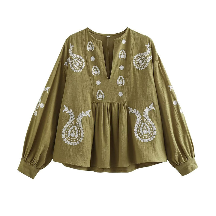 Damer broderad blus med vida ärmar och V-ringning Mirla-Eva Jonsson