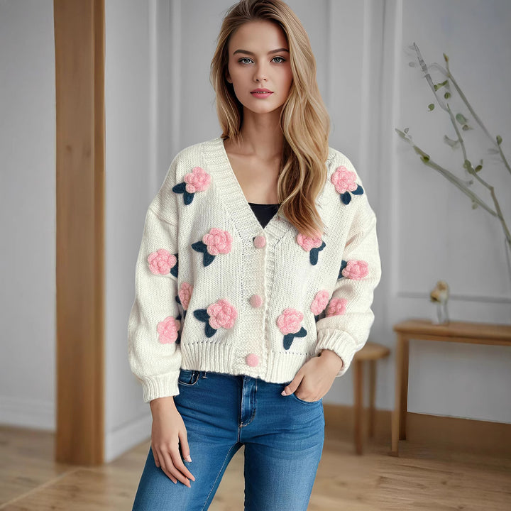 Damer cardigan med blommiga applikationer och knapplösning Eva Jonsson-Eva Jonsson