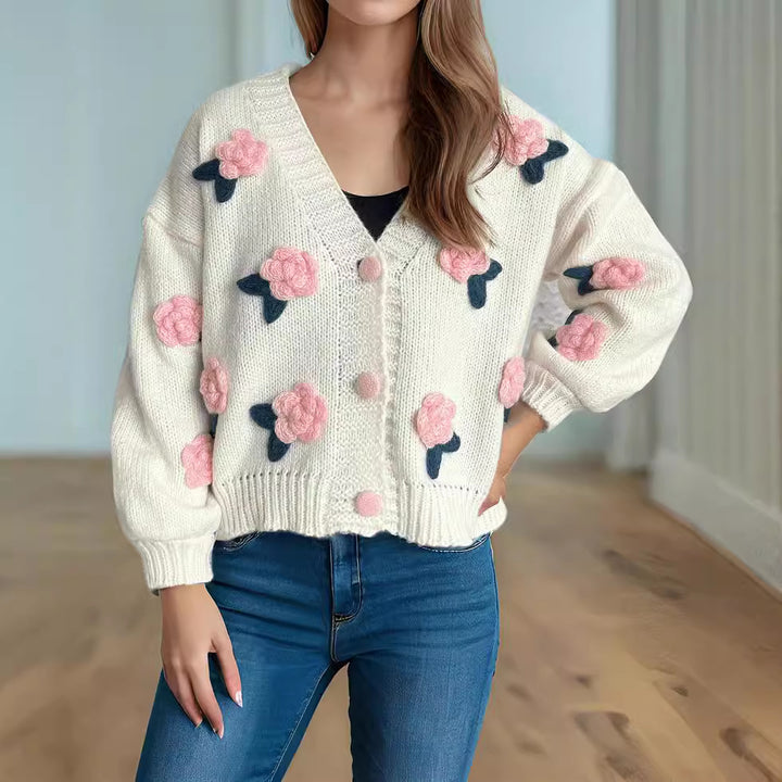 Damer cardigan med blommiga applikationer och knapplösning Eva Jonsson-Eva Jonsson