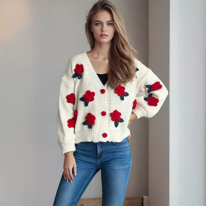 Damer cardigan med blommiga applikationer och knapplösning Eva Jonsson-Eva Jonsson