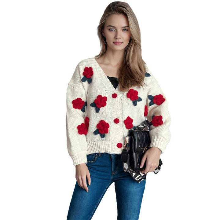Damer cardigan med blommiga applikationer och knapplösning Eva Jonsson-Eva Jonsson