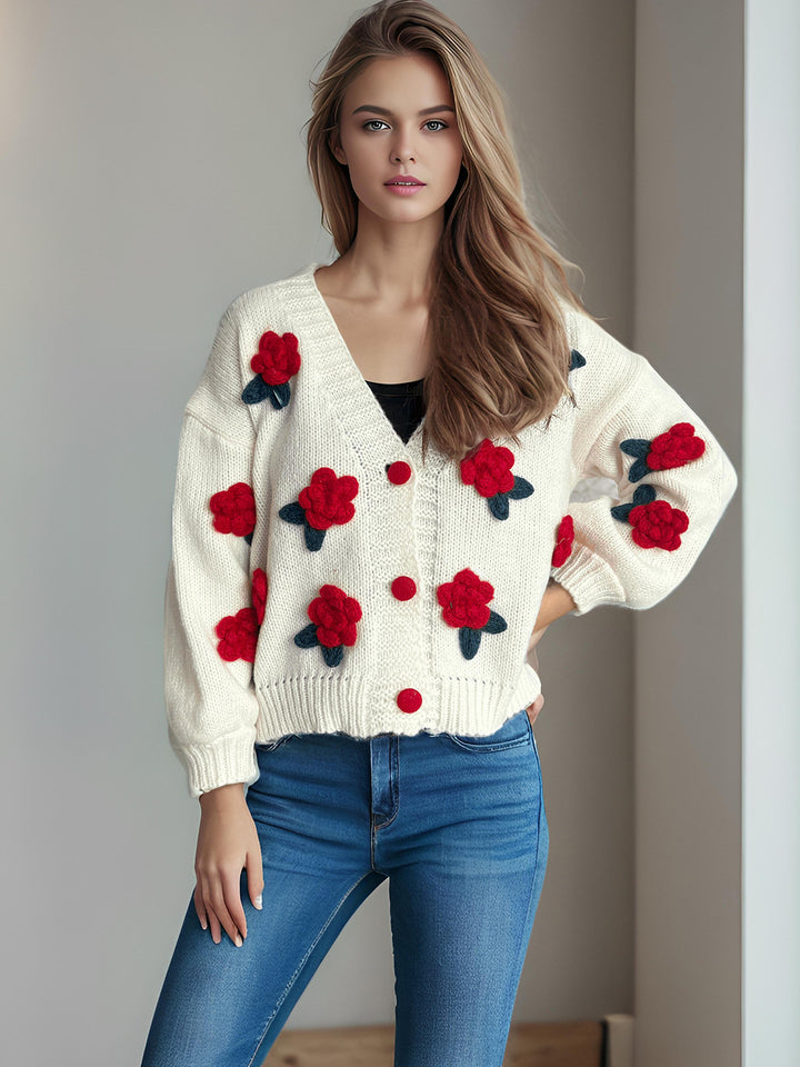 Damer cardigan med blommiga applikationer och knapplösning Eva Jonsson-Eva Jonsson