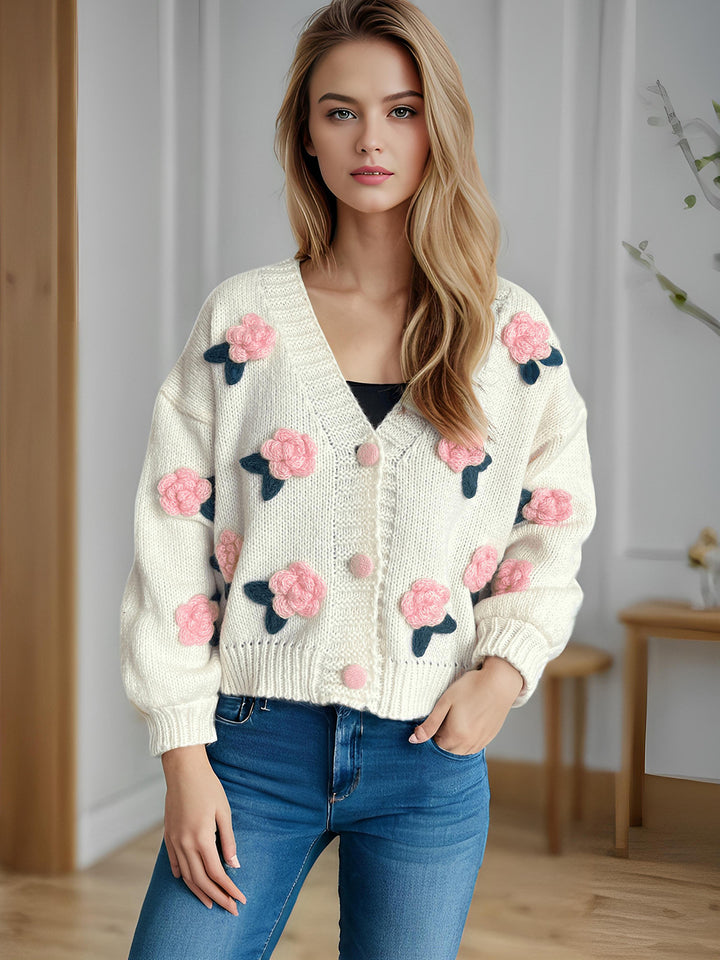 Damer cardigan med blommiga applikationer och knapplösning Eva Jonsson-Eva Jonsson