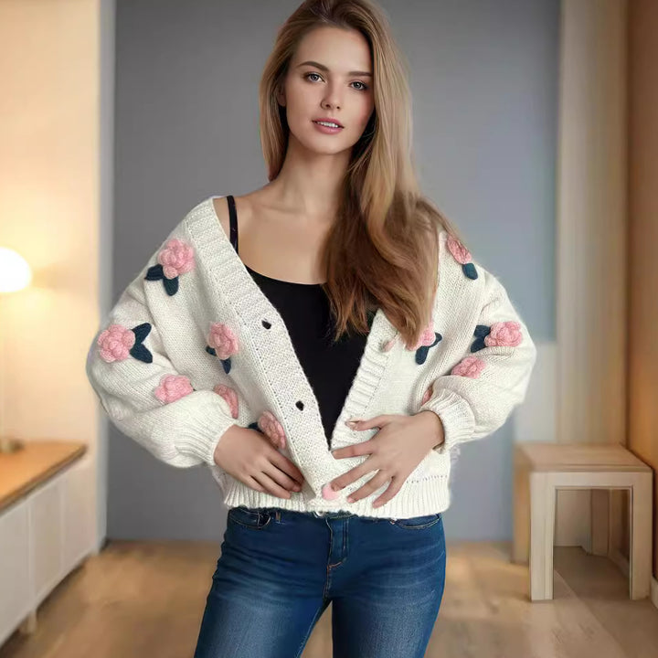 Damer cardigan med blommiga applikationer och knapplösning Eva Jonsson-Eva Jonsson