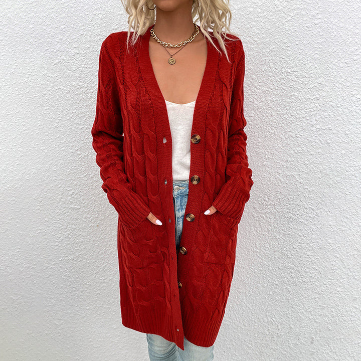 Damer cardigan med djupt V-hals och elegant flätmönster Mirla-Eva Jonsson
