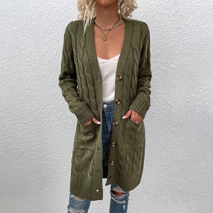 Damer cardigan med djupt V-hals och elegant flätmönster Mirla-Eva Jonsson