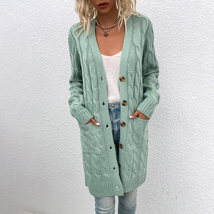 Damer cardigan med djupt V-hals och elegant flätmönster Mirla-Eva Jonsson