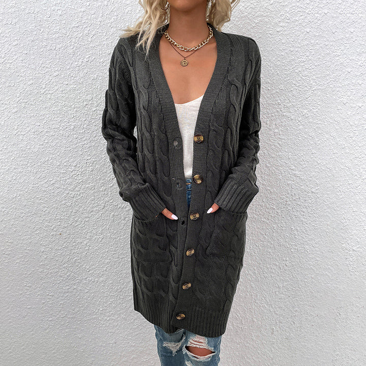 Damer cardigan med djupt V-hals och elegant flätmönster Mirla-Eva Jonsson