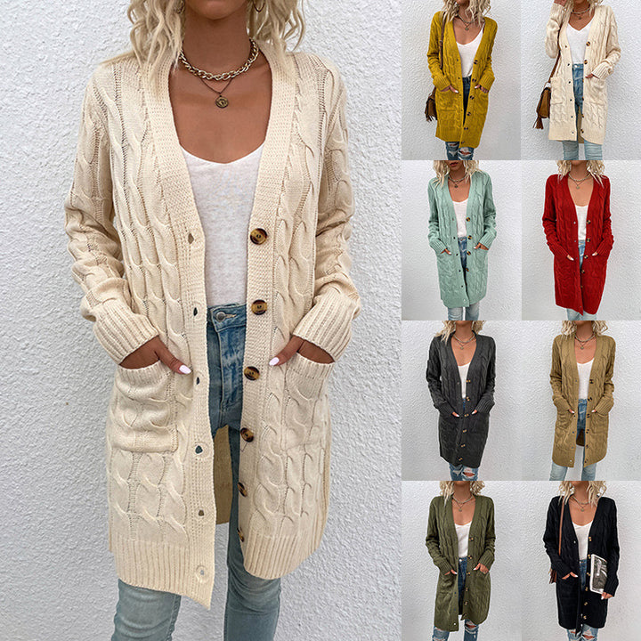 Damer cardigan med djupt V-hals och elegant flätmönster Mirla-Eva Jonsson