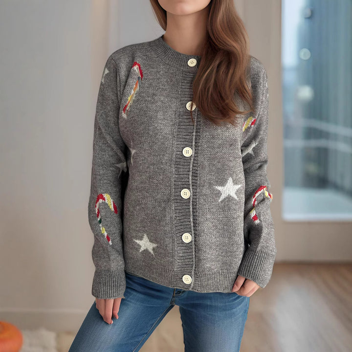 Damer cardigan med festligt motiv och dekorativa knappar Eva Jonsson-Eva Jonsson