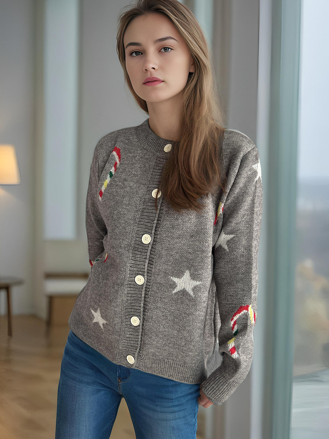 Damer cardigan med festligt motiv och dekorativa knappar Eva Jonsson-Eva Jonsson