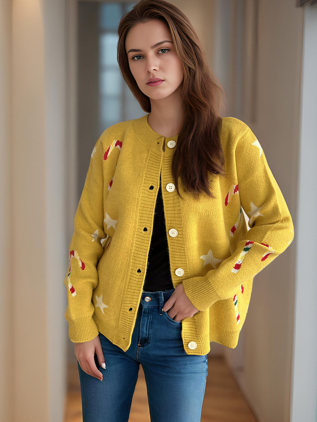 Damer cardigan med festligt motiv och dekorativa knappar Eva Jonsson-Eva Jonsson