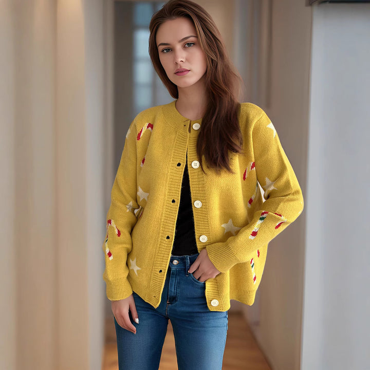 Damer cardigan med festligt motiv och dekorativa knappar Eva Jonsson-Eva Jonsson