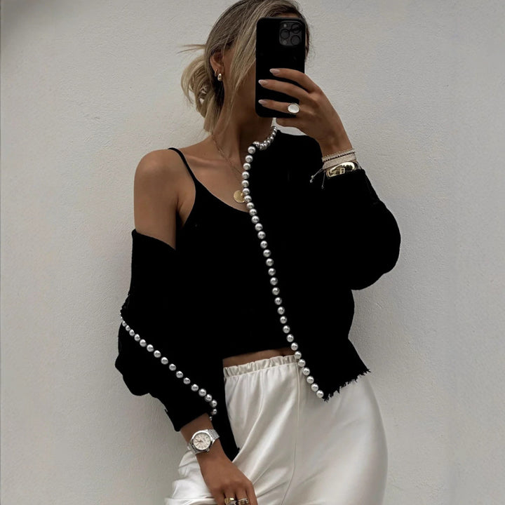 Damer cardigan med iögonfallande pärldekor och öppen design Eva Jonsson-Eva Jonsson