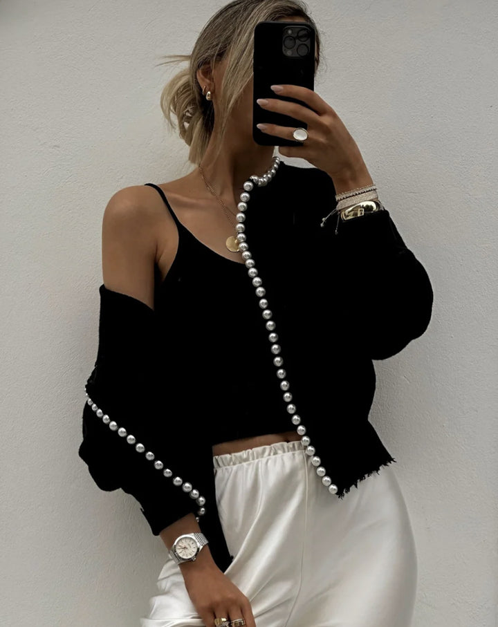 Damer cardigan med iögonfallande pärldekor och öppen design Eva Jonsson-Eva Jonsson